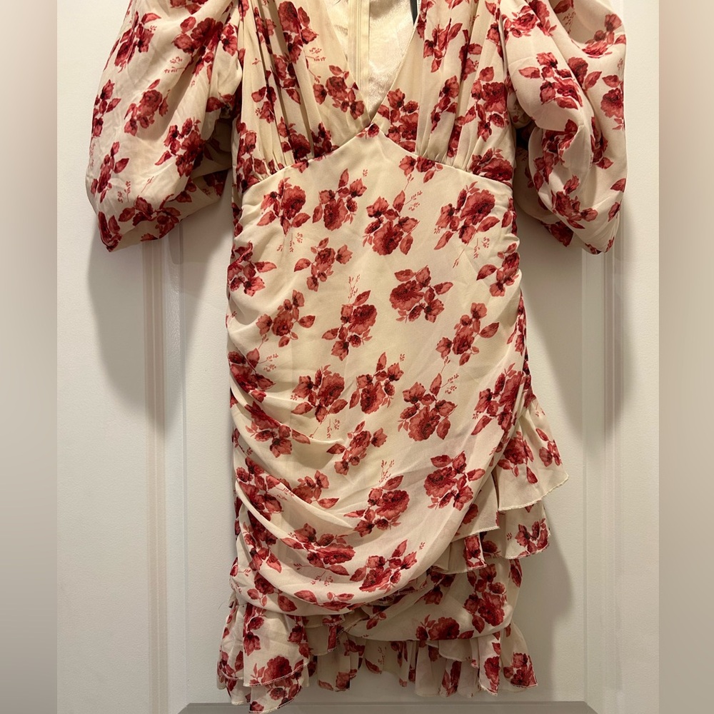 NWT Nasty Gal Floral Puff Sleeve Ruched Mini Dress Rose Floral Sz US 8 - Picture 3 of 8